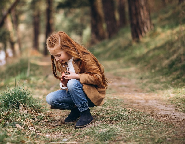 Cute little girl gathering cones in forest